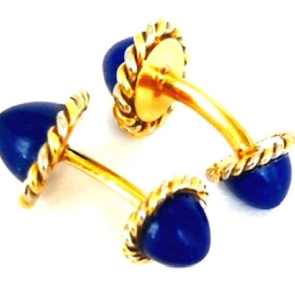 18K Lapis Lazuli Domed Cufflinks Braided Edges - Picture 3 of 3